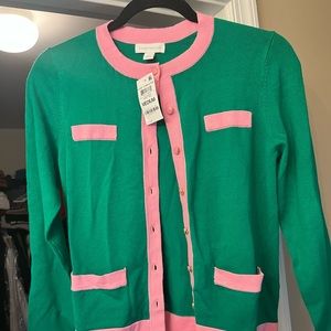 Charter Club green cardigan with pink trim.